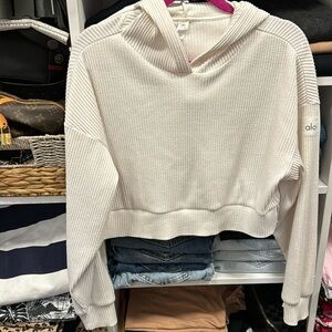 Alo Yoga Muse Ribbed Crop Hoodie Size XS Oversized Ivory Athleisure Sweatshirt
